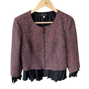 Slate & Willow Jacket Tweed Black Red Ruffle Hem Zipper Closure Business Size 8